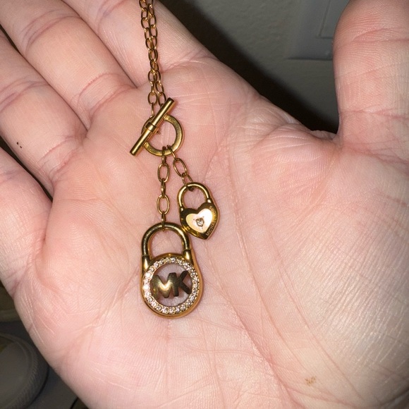Michael Kors Gold Plated  Double Layered Heart MK Crystal Lock Necklace - Picture 3 of 11